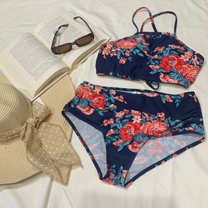2 piece swimsuit blue floral high neck high waist Sz M